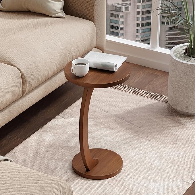 C Shaped Round End Table for Couch Small Place, Space Saver Side Table for Sofa, Living Room, Bedside Area, Coffee and Eating Snack Tray, Walnut Color-NeatNest