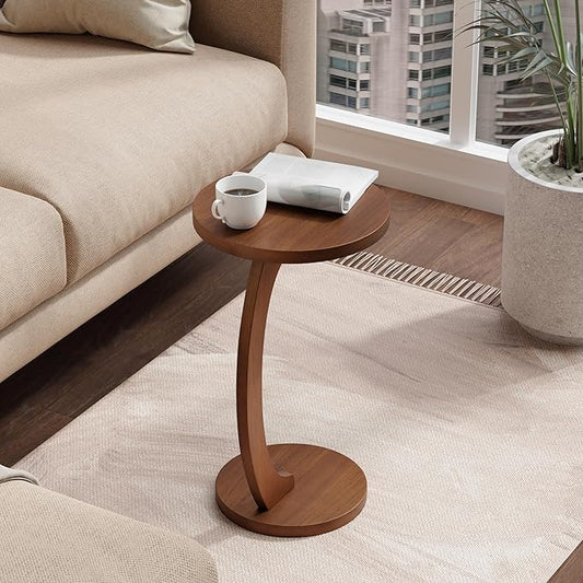 C Shaped Round End Table for Couch Small Place, Space Saver Side Table for Sofa, Living Room, Bedside Area, Coffee and Eating Snack Tray, Walnut Color-NeatNest