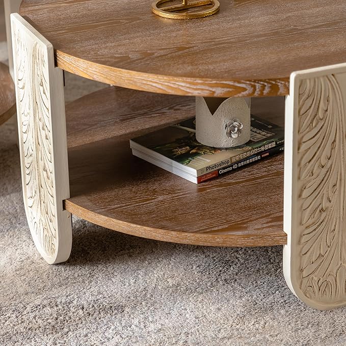 kevinplus 31.89'' Round Wood Coffee Table 2-Tier Circle Craft Rustic Coffee Table for Living Room, Modern Retro Farmhouse Carved Style, Easy Assembly, Natural Wood