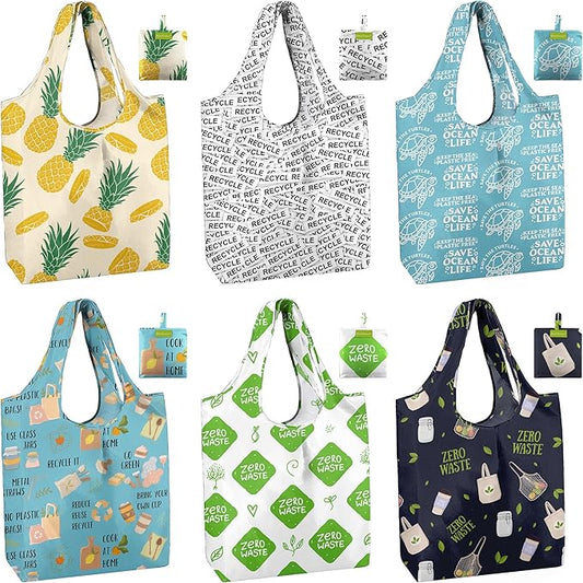 BeeGreen Reusable Grocery Bags 6 Pack, Heavy Duty Totes for Women, Foldable Grocery Bag Large Shopping Totes with Handles for Work, Travel, Gift, Store, Polyester Washable Reusable Tote Bag-NeatNest