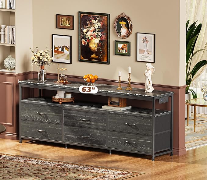 Huuger 63 Inch TV Stand for 55, 65, 70 Inch TV, Long Dresser TV Stand for Bedroom, Charcoal Black LED TV Stand with Power Outlets, Fabric Dresser with Storage, Entertainment Center for Living Room-NeatNest
