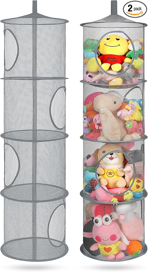 2Pcs Stuffed Animal Storage Foldable Stuffed Animal Net or Hammock Organizer, 4 Compartments Hanging Mesh Toy Storage Hammock for Kid Room Toys, Gloves, Hats, Socks（Grey）-NeatNest