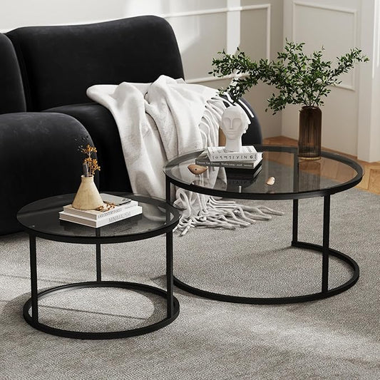 31.5" Nesting Coffee Table Set of 2, Round Nesting Coffee Tables with Tempered Glass Top, End Tables with Metal Frame for Living Room, Bedroom, Grey Transparent Glass