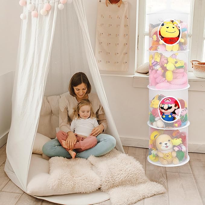 coastal rose 2Pcs Stuffed Animal Storage Foldable Stuffed Animal Net or Hammock Organizer, 4 Compartments Hanging Mesh Toy Storage Hammock for Kid Room Toys, Gloves, Hats, Socks(White)-NeatNest