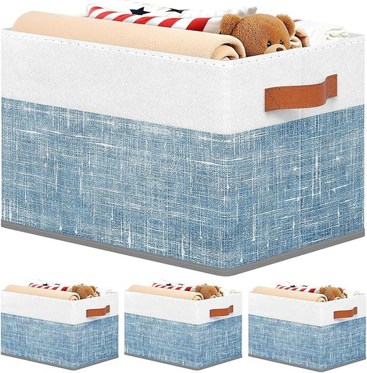 Fab totes Collapsible Storage Baskets for Shelves,14"x10", 4 Pack Foldable Fabric Storage Bins with Double Leather Handles, Large Baskets for Organizing Books, Clothes, White & Blue