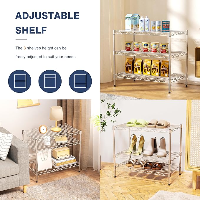 750lbs 3-Tier Wire Shelf Rack,24" Dx14 Wx22 H,Kitchen Metal 3-Shelves Rack with Lockable Wheels,Height Adjustable Wire Shelving Unit and Storage for Living Room,Laundry,Office,Pantry,Studio-NeatNest