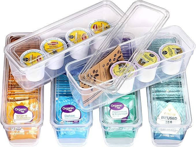 AB Designs Bin Pack, [6] Long Home Organizer Storage Boxes with Lids, Translucent Clear