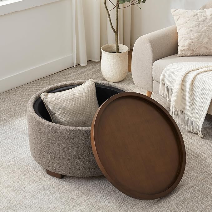 30 Inch Round Storage Ottoman Coffee Table, Modern Boucle Ottoman with Lift-Off Lid and Solid Wood Legs for Living Room, Bedroom, Corners, Apartments (Brown)