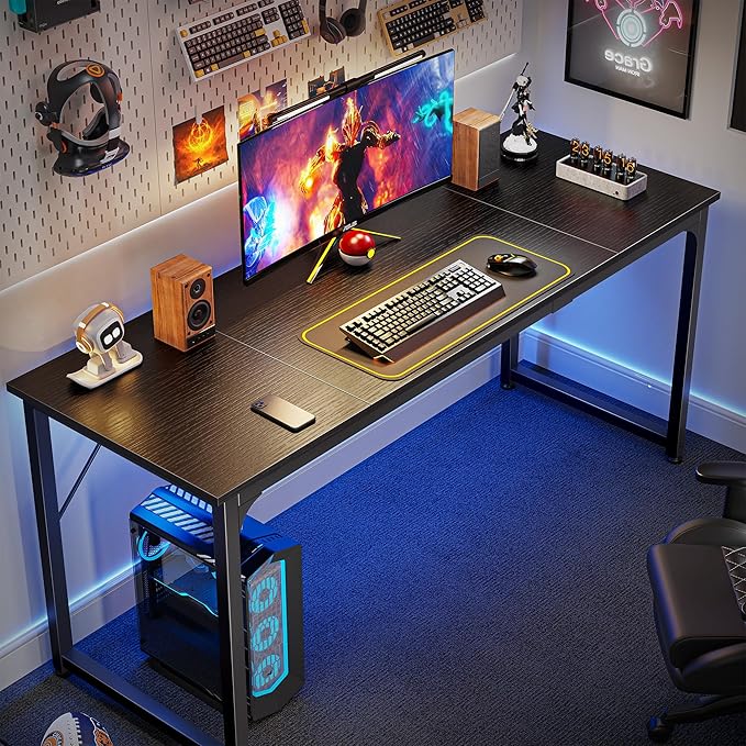 Huuger Modern Simple Office Desk, 63 Inch, Gaming & Writing Desk with Storage, Large Legroom, Metal Frame, Black-NeatNest
