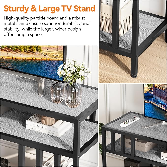 Garvee 58" TV Stand for Television up to 65 Inch, Entertainment Center with 3-Tier Open Shelves, TV Media Console Table Quadruple-Tube Support for Living Room, Entryway, Grey-NeatNest
