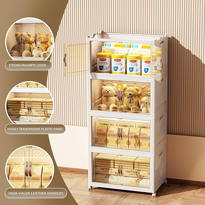 416 QT / 104 Gal Stackable Collapsible Storage Bins with Magnetic Doors & Wheels - Space-Saving Plastic Organizer Cabinet for Closet, Office, Home (White)-NeatNest