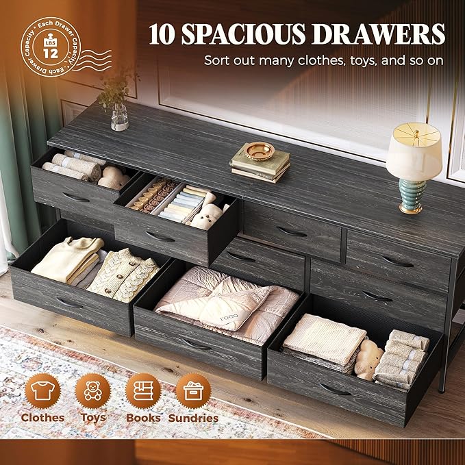 Huuger 63 Inch Dresser for Bedroom, Long Dresser with 10 Fabric Drawers, Large TV Stand for 55, 65, 70 Inch TV, Toy Storage Organizer for Closet, Charcoal Black Wood Grain Print-NeatNest