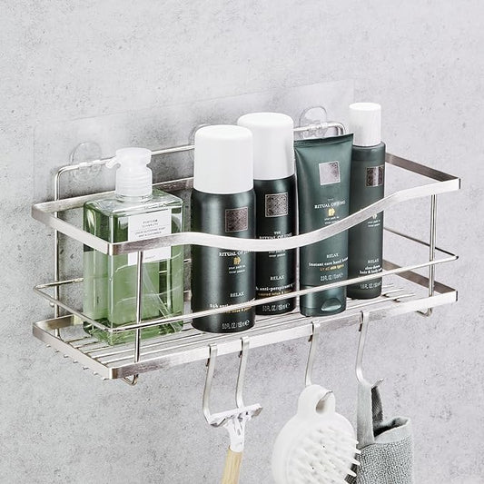 KINCMAX Premium Shower Caddy - Adhesive Bathroom Shower Organizer and Storage w/ 4 Hooks, No Drill Shower Shelves for Inside Shower, Rustproof Stainless Steel Shower Rack, Accessories Holder, Silver