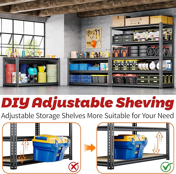 48"W Garage Shelving, 2650LBS Storage Shelves heavy duty, 5 Tier Metal Shelving Unit Adjustable Garage Shelves Heavy Duty Shelving for Warehouse,Commercial, Kitchen, 48" W × 18" D × 72" H, Black