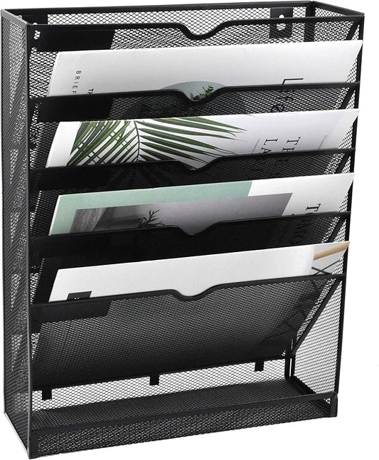 EASEPRES Desk File Organizer Mesh 6-Tier, Hanging Wall Mount Document Organization Stand, Desktop Vertical Mail Paper Folder Holder Rack with Bottom Tray for Office Home Cubicle, Sides Closed, Black