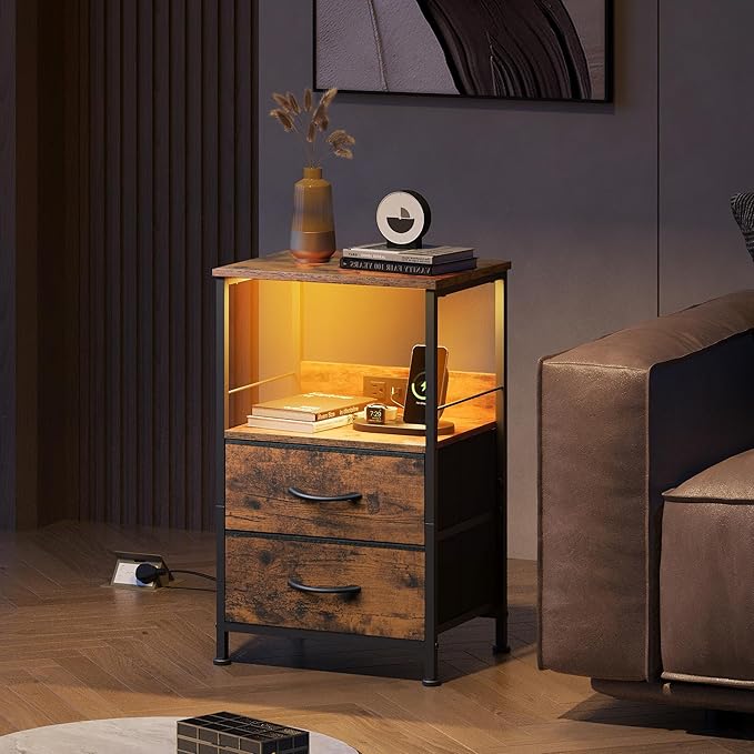 WLIVE Night Stand with Charging Station, LED Nightstand with 2 Fabric Drawers and Storage Shelf, Small Bedside Tables for Small Spaces, Dresser for Bedroom, Rustic Brown