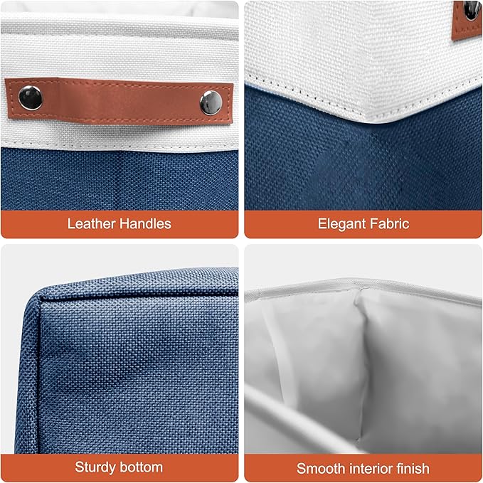 13in Open Fabric Storage Basket with Leather Handles for Organizing, Collapsible Linen Closet Bins for Shelves, Closets, Laundry, Decorative Basket for Gifts. (White＆Blue, 2PCS/13x13in)-NeatNest