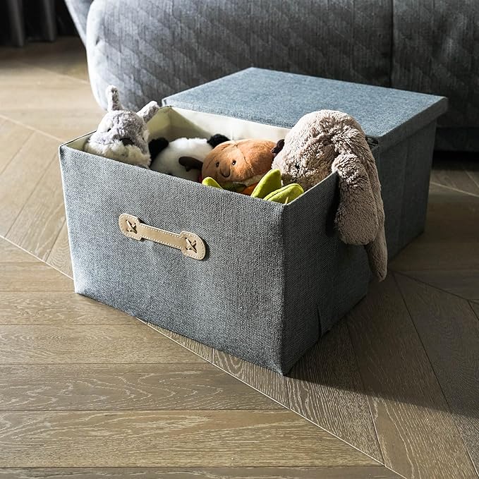 Enzk&Unity Decorative Storage Boxes with Lids, 3 Pack Grey Fabric Storage Bins with Handle, Foldbale and Stackable Storage Boxes for Shelf, Closet, Bedroom, Living Room-NeatNest