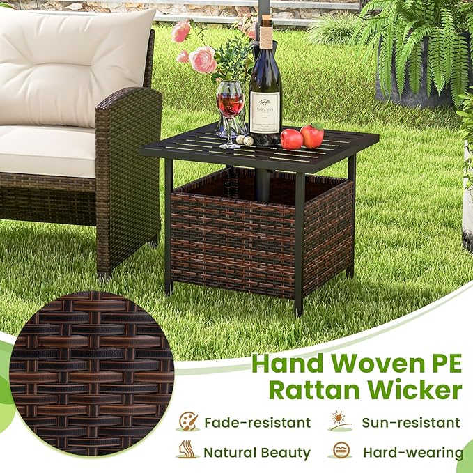Patio Side Table with Umbrella Hole, 22" Rattan Wicker Umbrella Stand Table, Outdoor End Table for Patio, Garden, Poolside & Yard (Mix Brown)