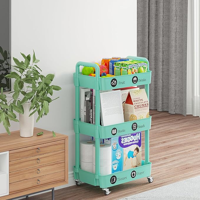 Laiensia 3-Tier Rolling Cart with Wheels,Multifunction Utility Storage carts, Kitchen Storage Organizer,Mobile Shelving Unit for Bathroom,Laundry,with Classified Stickers,Green-NeatNest