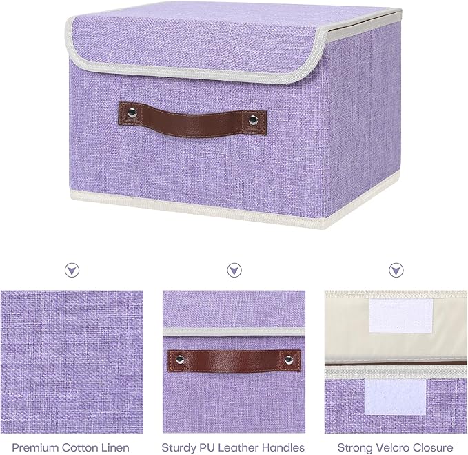 ANMINY 2PCS Storage Bins with Lid PU Leather Handles Storage Boxes PP Plastic Board Decorative Foldable Lidded Cotton Linen Fabric Home Cubes Baskets Closet Organizer Containers - Purple, Small Size-NeatNest