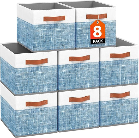 Fab totes Collapsible Storage Baskets for Shelves,14"x10", 8 Pack Foldable Fabric Storage Bins with Double Leather Handles, Large Baskets for Organizing Books, Clothes, White & Blue
