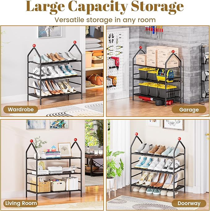 Shoe Rack, 3-Tier Shoe Organizer, Metal Storage Shelf, Shoe Rack for Closet, Free Standing Shoe Racks for Entryway, Garage & Doorway, Sturdy Shoe Shelves, Black-NeatNest