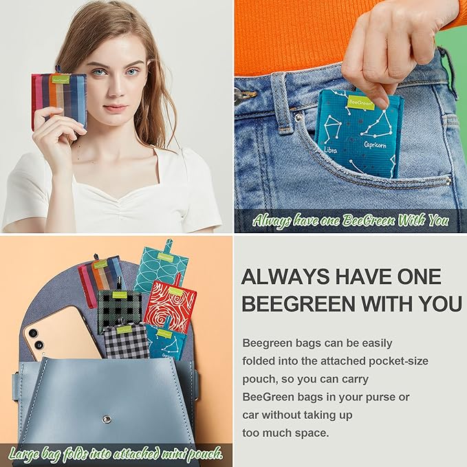 BeeGreen Large Tote Bag 6 Pack Reusable Grocery Bags Foldable - Bulk Machine Washable Ripstop Polyester Fabrics Grocery Bag - Reusable Shopping Bags for Women Travel Storage (Geometry Design)-NeatNest