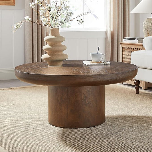 kevinplus 35.98'' Round Coffee Table Circle Wood Coffee Table for Living Room, Modern Retro Style Pedestal Style, Easy Assembly, Dark Brown (ø35.98'' x 15.98'')