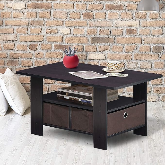 Furinno Andrey Coffee Table with Bin Drawer, Dark Walnut-NeatNest