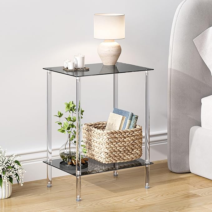 Tempered Glass Side Tables Set of 2 Acrylic End Table with 2 Storage Shelve transparent Bedside simplicity clear 2-Tier Nightstands for small Spaces Office Bedroom Living Room Study black ET-008BK
