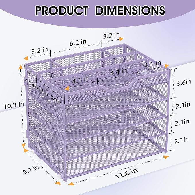 5 Tier Paper Letter Tray with 3 Drop-in Pen Holders, Mesh Desk File Organizer with Handle, Desk Organizers and Accessories for School,Home, Office Supplies Storage-Purple-NeatNest