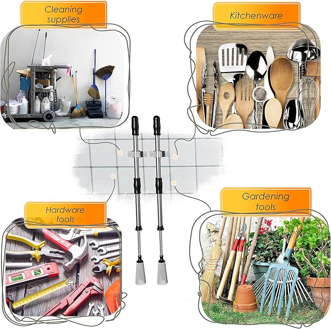 Self Adhesive Broom and Mop Holder Wall Mounted – SUS304 Stainless Steel 2-Slot Organizer with Anti-Slip Rubber Grips, 25lb Load, Adjustable for 0.6–1.4" Handles, Garage Kitchen Bathroom Use, 2 Pack-NeatNest