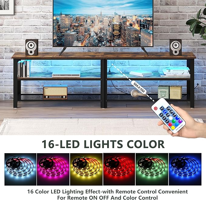 Clikuutory Modern Brown 63 inch Metal TV Stand with LED Lights and Power Outlets for 40 50 55 60 65 70 Inch TVs, 3 Tier Television Stands with Entertainment Center and Storage for Living Room, Bedroom-NeatNest