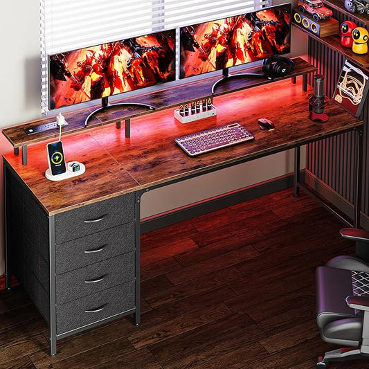 Huuger 63 Inch Rustic Brown Gaming & Office Computer Desk with 4 Drawers, Monitor Stand, LED Lights & Power Outlets-NeatNest