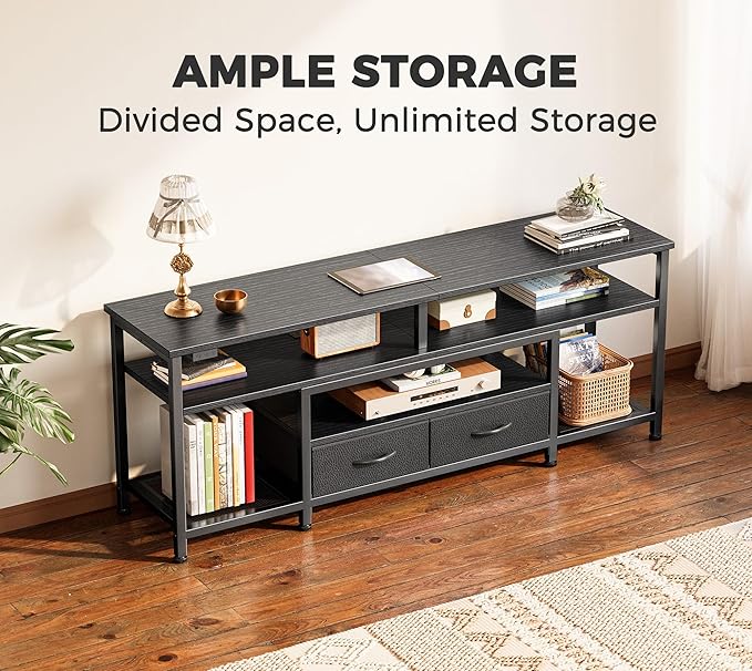 Huuger TV Stand for 55 60 Inch TV, Entertainment Center with Power Outlets and LED Lights, 54 Inch TV Console for Living Room, Media Console with Drawers and Shelves, Black-NeatNest