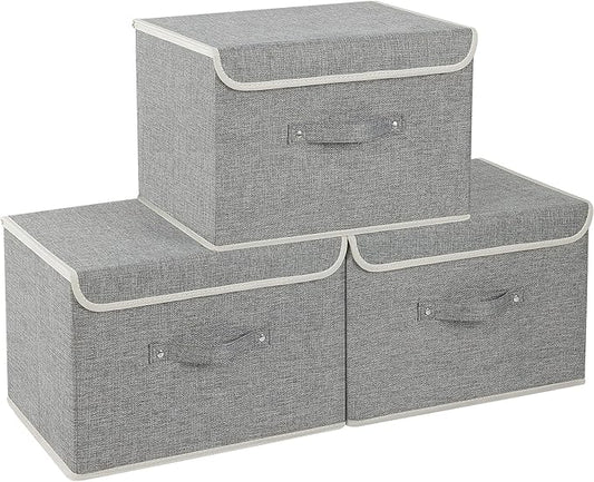 Fabric Storage Bins Cube Organizers with Flip-Top Lid and Handles,Storage Boxes for Organizing Home,Office,and Closet,Grey,3 Pack 15 x 9.8 x 9.8 in-NeatNest