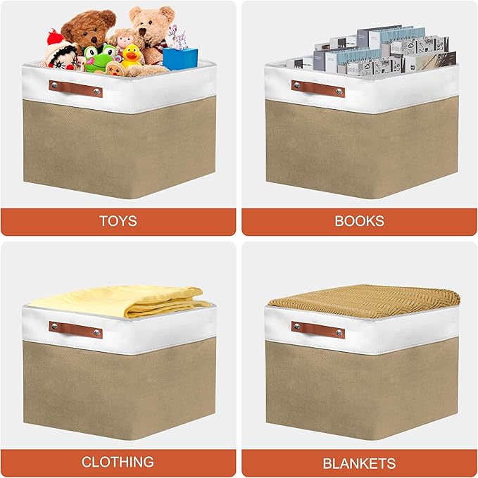 11in Open Fabric Storage Basket with Leather Handles for Organizing, Collapsible Linen Closet Bins for Shelves, Closets, Laundry, Decorative Basket for Gifts. (White＆Khaki, 2PCS/11x11in)-NeatNest