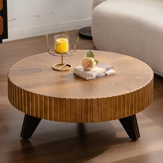 kevinplus 35.4'' Walnut Round Coffee Table Wood Modern Coffee Table for Living Room, Easy Assembly, Walnut