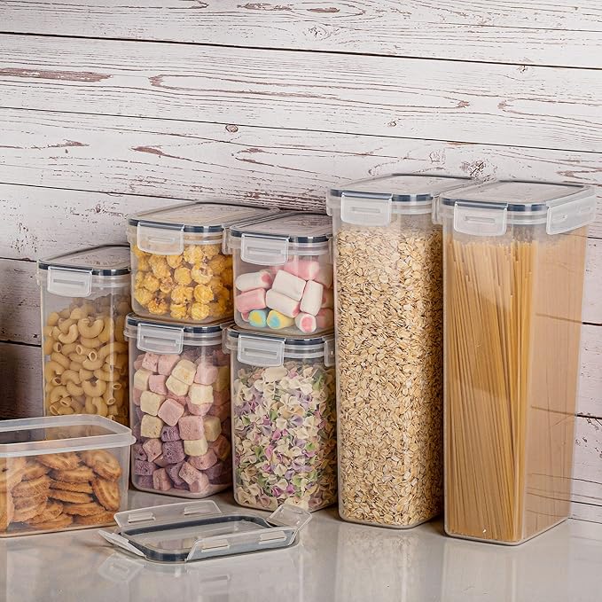 Airtight Food Storage Containers with Lids, Vtopmart 24 pcs Plastic Kitchen and Pantry Organization Canisters for Cereal, Dry Food, Flour and Sugar, BPA Free, Includes 24 Labels，Black-NeatNest