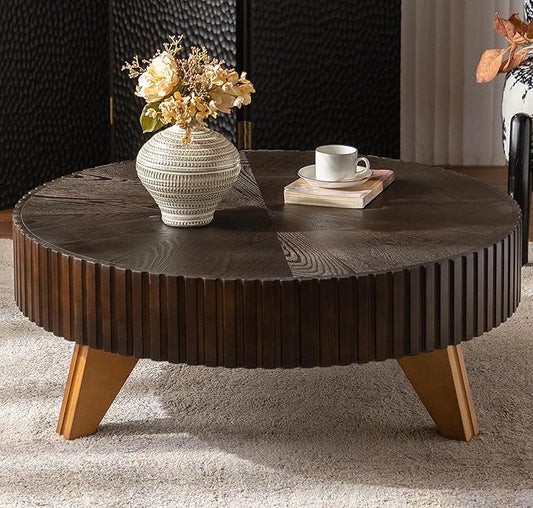 kevinplus 35.4'' Round Coffee Table Wood Modern Coffee Table for Living Room, Easy Assembly, Black Brown