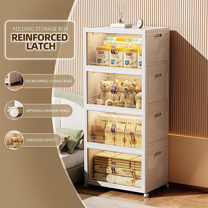 416 QT / 104 Gal Stackable Collapsible Storage Bins with Magnetic Doors & Wheels - Space-Saving Plastic Organizer Cabinet for Closet, Office, Home (White)-NeatNest