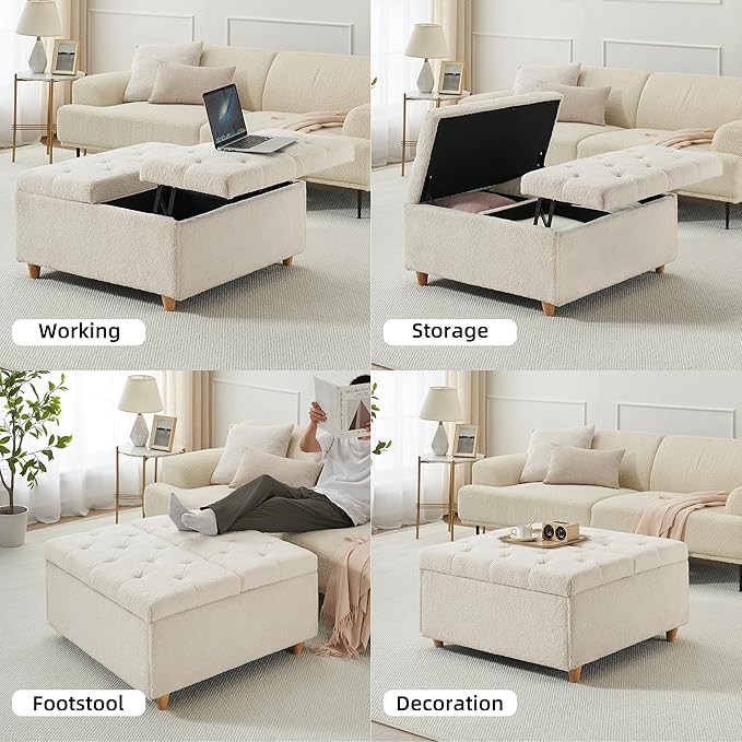 GAOMON Sherpa Storage Ottoman Coffee Table with Lift Top, Sherpa Fabric Tufted Upholstered Ottoman with Storage, Large Square Storage Ottoman Bench for Bedroom Living Room(Sherpa, White)