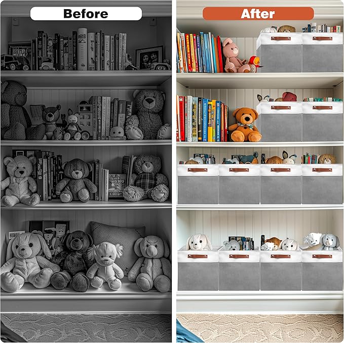 11in Open Fabric Storage Basket with Leather Handles for Organizing, Collapsible Linen Closet Bins for Shelves, Closets, Laundry, Decorative Basket for Gifts. (White＆Gray, 2PCS/11x11in)-NeatNest