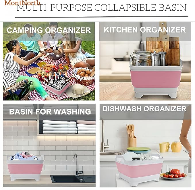 Collapsible Wash Basin 9L, Foldable Dish Tub with Drain Plug, Portable Collapsible Dish Basin, Camping Sink for Washing Dishes, Laundry & Kitchen Use (Pink)-NeatNest