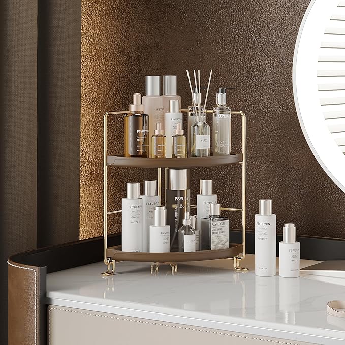 FSyueyun 2-Tier Corner Bathroom Counter Organizer, Tool-Less Installation Corner Vanity Organizer Small Plastics Countertop Makeup Tray Skincare Perfume Organizers (Gold & Brown)-NeatNest