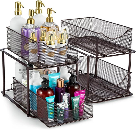 Sorbus 2 Sets of 2 Tier Metal Under Sink Organizer for Bathroom, Kitchen, Strong Steel Mesh Sliding Drawers for Under Sink, Under Cabinet, Closet, Kitchen, Pantry, Bathroom Organizers and Storage-NeatNest