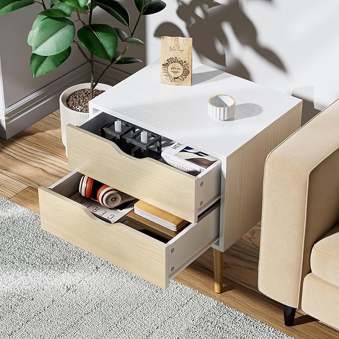 End Table Set of 2 with Storage Drawers, Modern Small Sofa Side Table, Nightstand Accent Wooden Bedside Table with Solid Wood Legs for Living Room,White/Oak