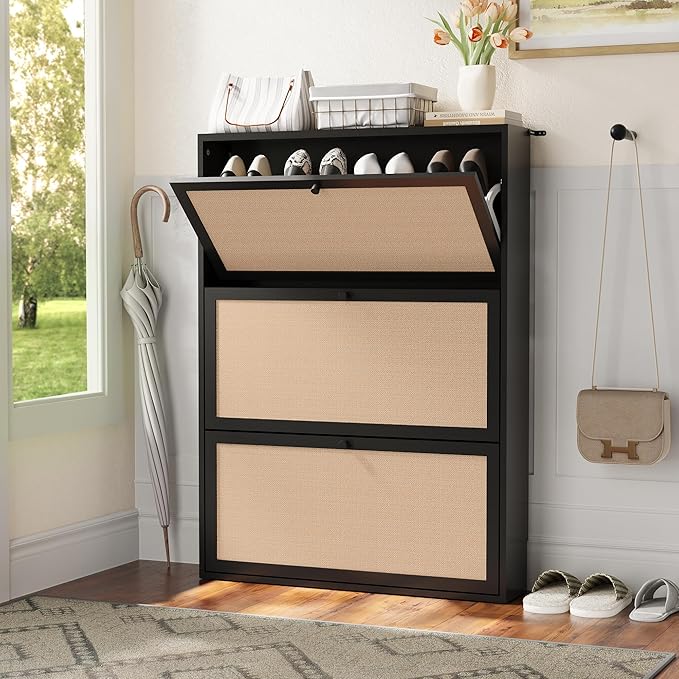 AVZEAR Narrow Shoe Storage Cabinet for Entryway with Natural Linen Panel, Freestanding Slim Shoe Cabinet with 3 Flip Drawers, Wood Shoe Organizer Closed Shoe Rack for Hallway, Living Room(Black)-NeatNest