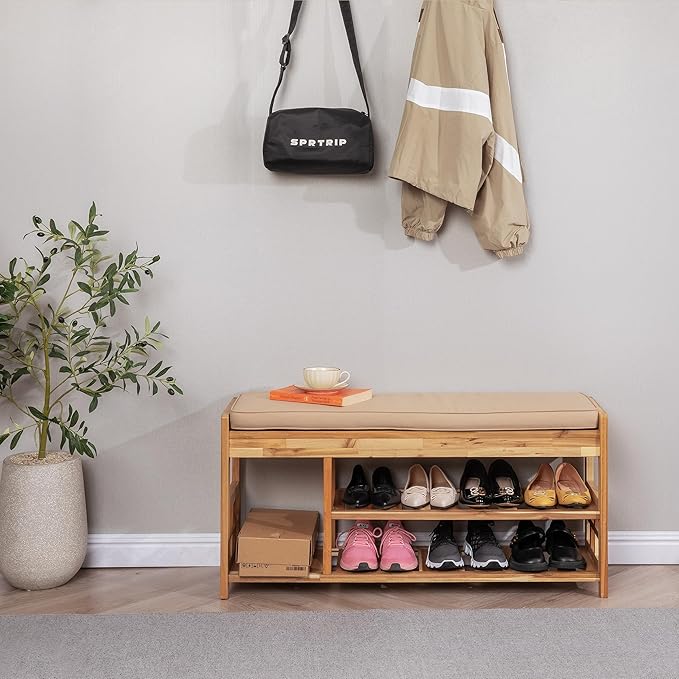 Wooden Shoe Rack with Bench Seat - Light Natural Acacia Wood Entryway Organizer with Cushioned Top & Easy-Move Handles - Multi-Level Shoe Shelf (39.4 x 11.6X 19.29)-NeatNest